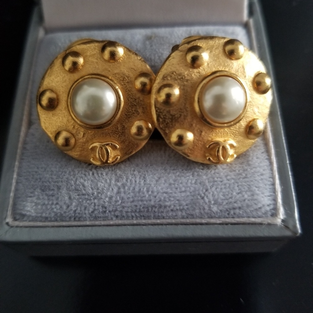 Chanel gold tone pearl clip earrings